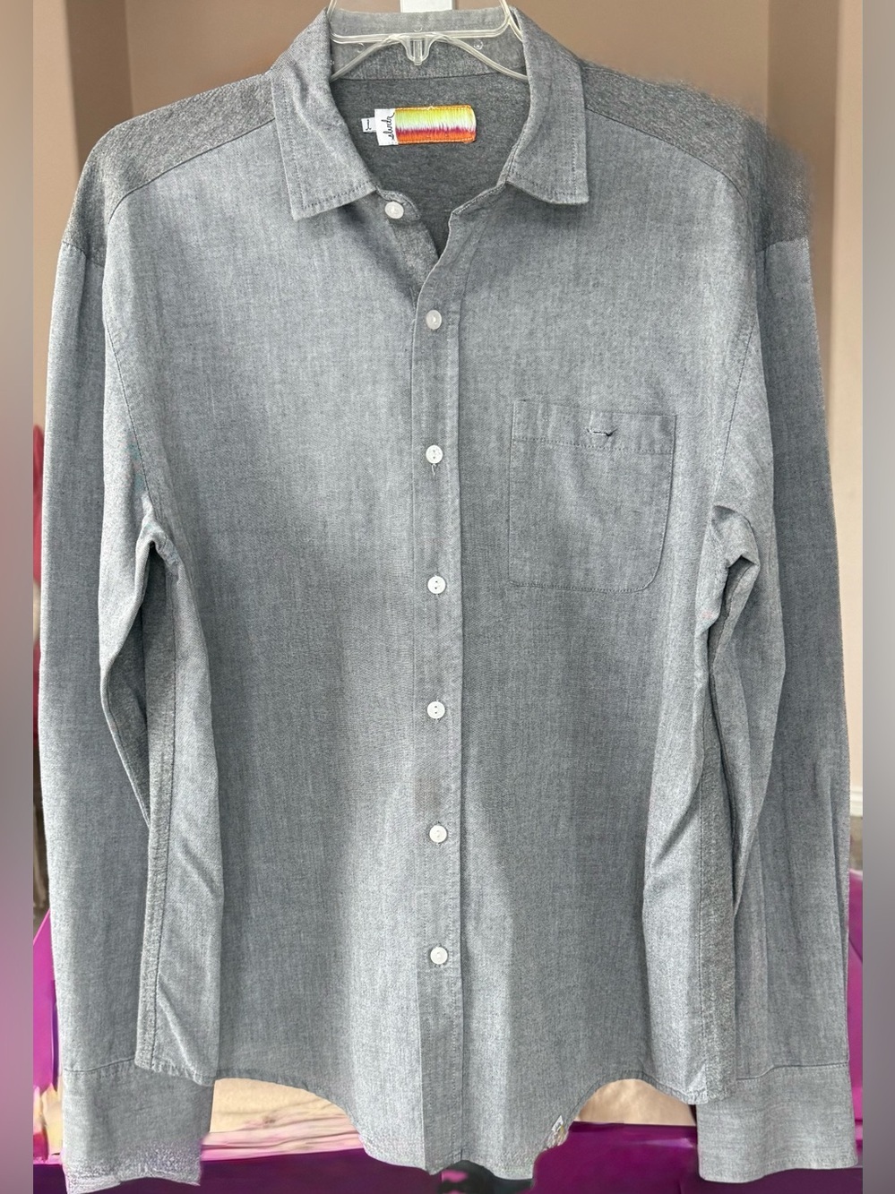 Sivin Gray Button Down Shirt Owl Button Rainbow Trim Men’s L